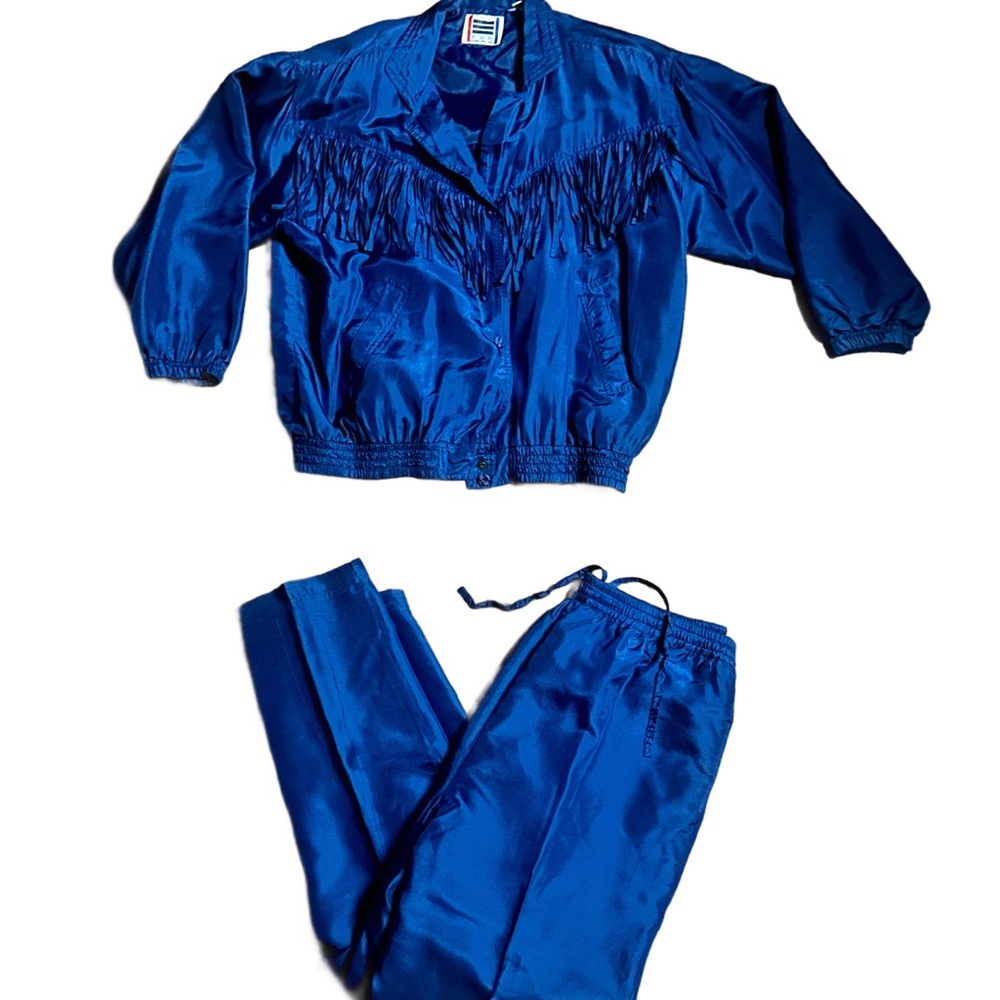 EVR Div Rousso ~ Vintage ~ Women’s Large ~ Blue W/ Fringe ~ Silk ~ Track Suit